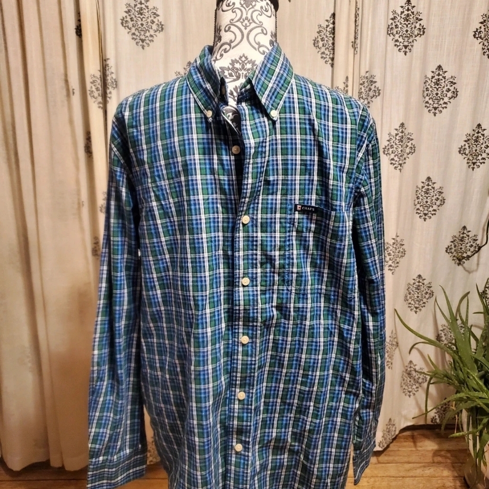 Chaps Men's Blue and Green Plaid Shirt